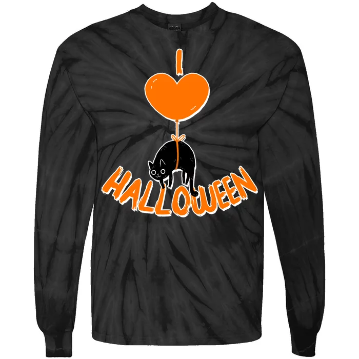 I Love Heart Halloween Cute Black Cat Balloon Tie-Dye Long Sleeve Shirt