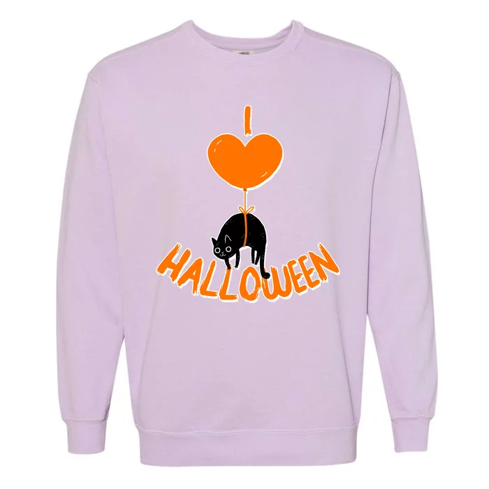 I Love Heart Halloween Cute Black Cat Balloon Garment-Dyed Sweatshirt