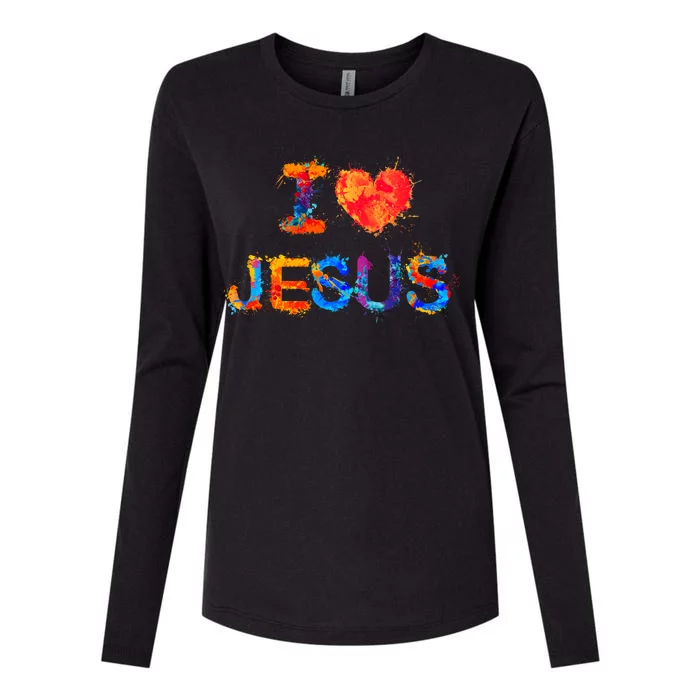 I Love Jesus Paint Splatter Womens Cotton Relaxed Long Sleeve T-Shirt