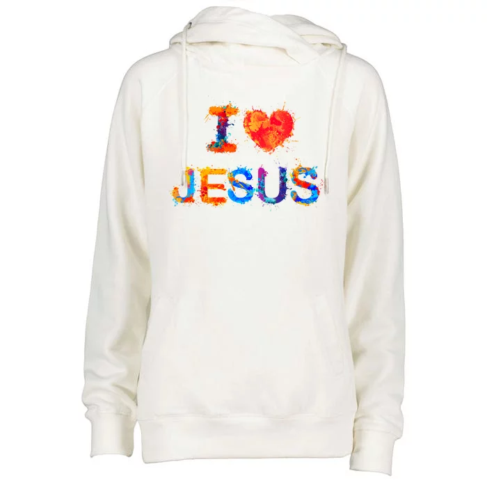 I Love Jesus Paint Splatter Womens Funnel Neck Pullover Hood