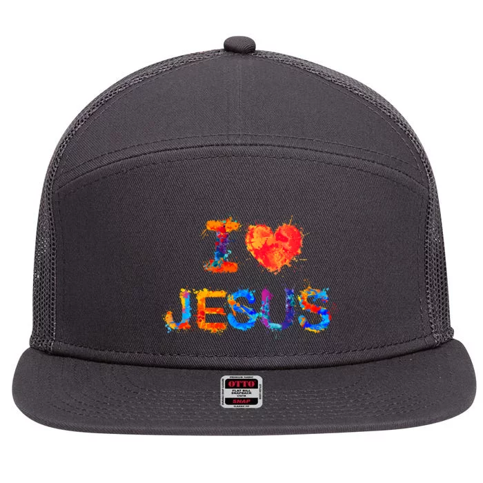 I Love Jesus Paint Splatter 7 Panel Mesh Trucker Snapback Hat