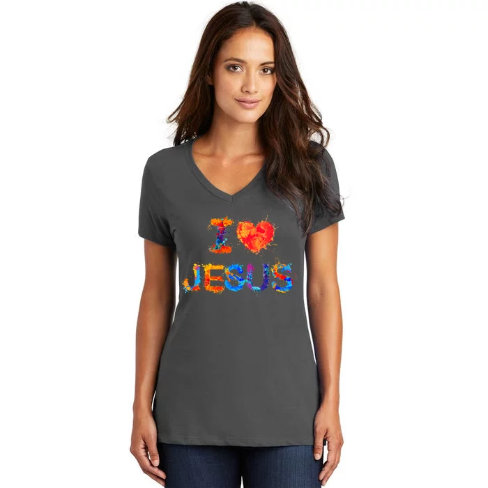 I Love Jesus Paint Splatter Women's V-Neck T-Shirt