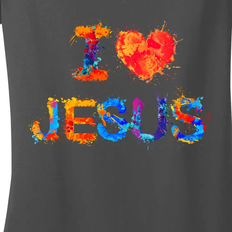 I Love Jesus Paint Splatter Women's V-Neck T-Shirt