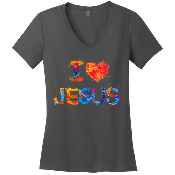 I Love Jesus Paint Splatter Women's V-Neck T-Shirt