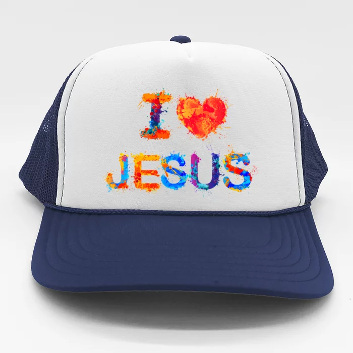 I Love Jesus Paint Splatter Trucker Hat