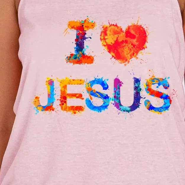 I Love Jesus Paint Splatter Women's Knotted Racerback Tank