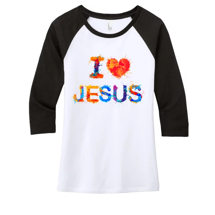 I Love Jesus Paint Splatter Women's Tri-Blend 3/4-Sleeve Raglan Shirt