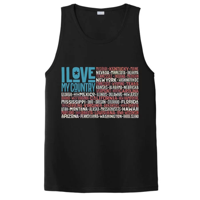 I Love My Country USA State Flag Performance Tank