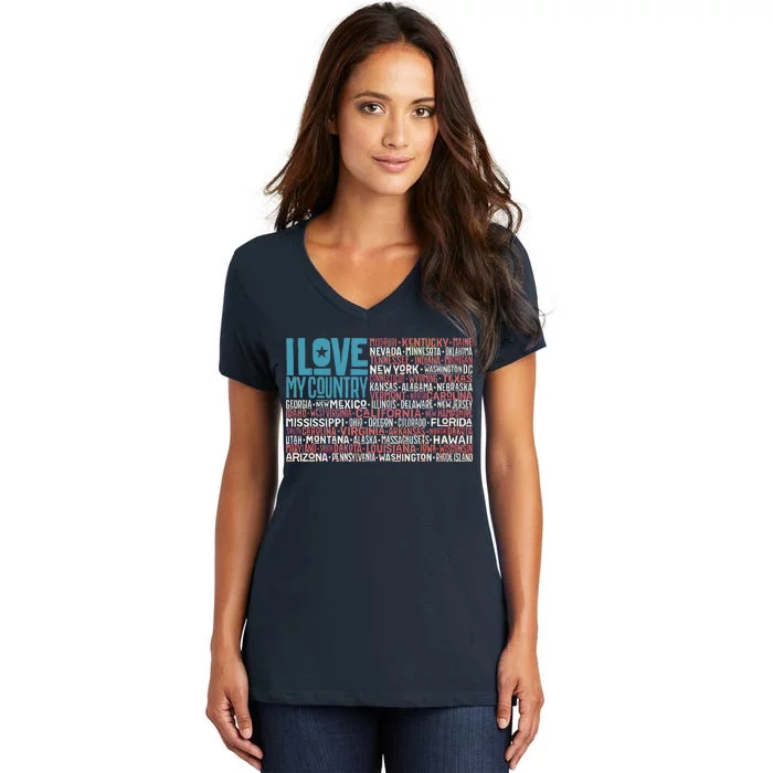 I Love My Country USA State Flag Women's V-Neck T-Shirt