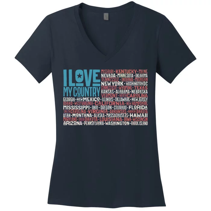 I Love My Country USA State Flag Women's V-Neck T-Shirt