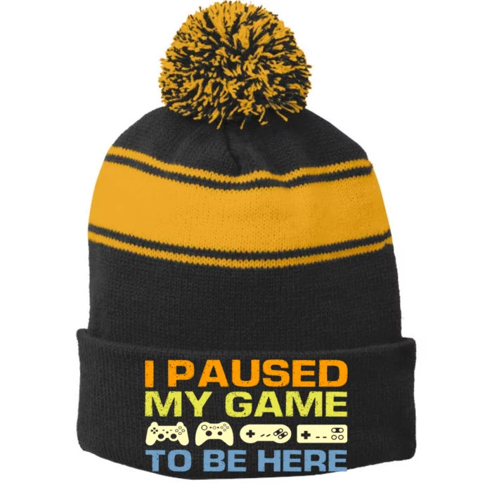 I Paused My Game To Be Here Retro Controllers Stripe Pom Pom Beanie