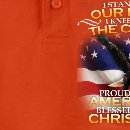 I Stand For Our Flag Kneel For The Cross Proud American Christian Dry Zone Grid Performance Polo