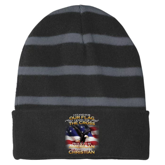 I Stand For Our Flag Kneel For The Cross Proud American Christian Striped Beanie with Solid Band