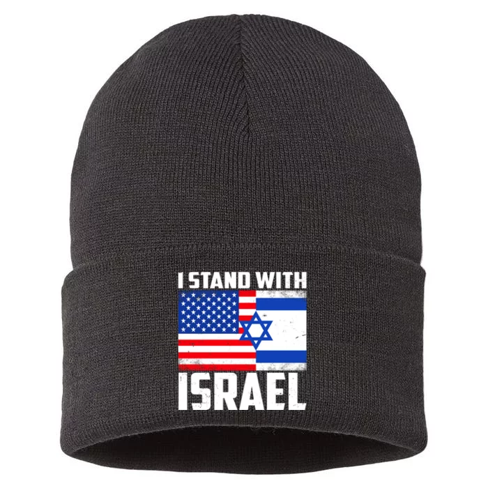 I Stand With Israel US Flags United Distressed Sustainable Knit Beanie