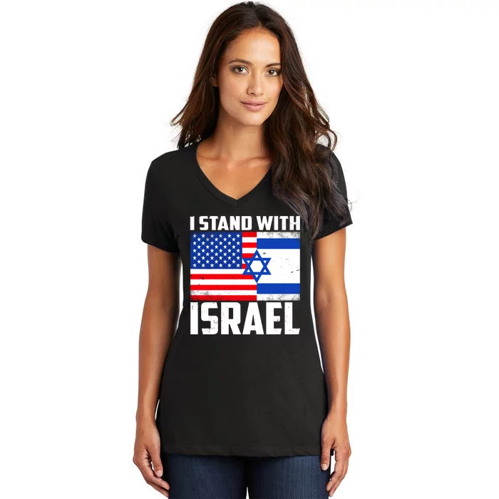 I Stand With Israel US Flags United Distressed Women's V-Neck T-Shirt