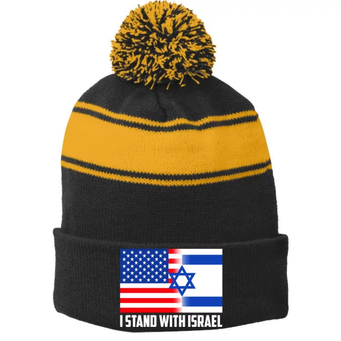 I Stand With Israel USA Flags United Together Stripe Pom Pom Beanie