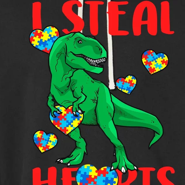 I Steal Hearts Autism Awareness Dinosaur Garment-Dyed Fleece Hoodie