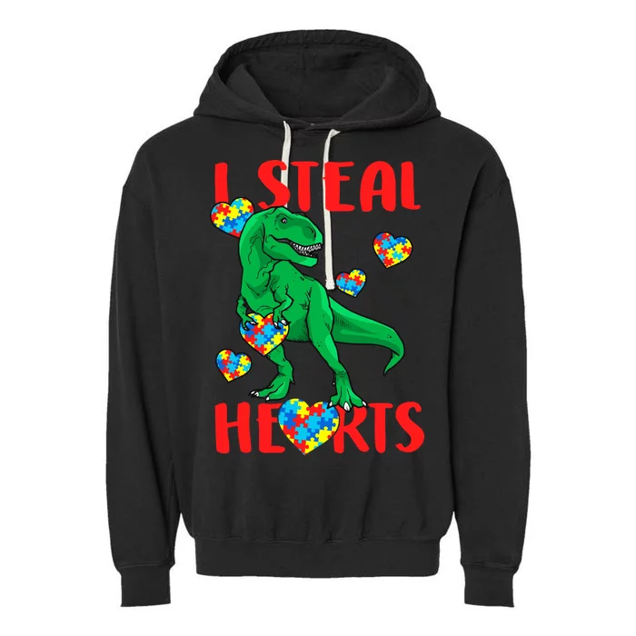 I Steal Hearts Autism Awareness Dinosaur Garment-Dyed Fleece Hoodie