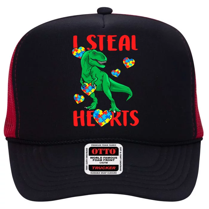 I Steal Hearts Autism Awareness Dinosaur High Crown Mesh Trucker Hat