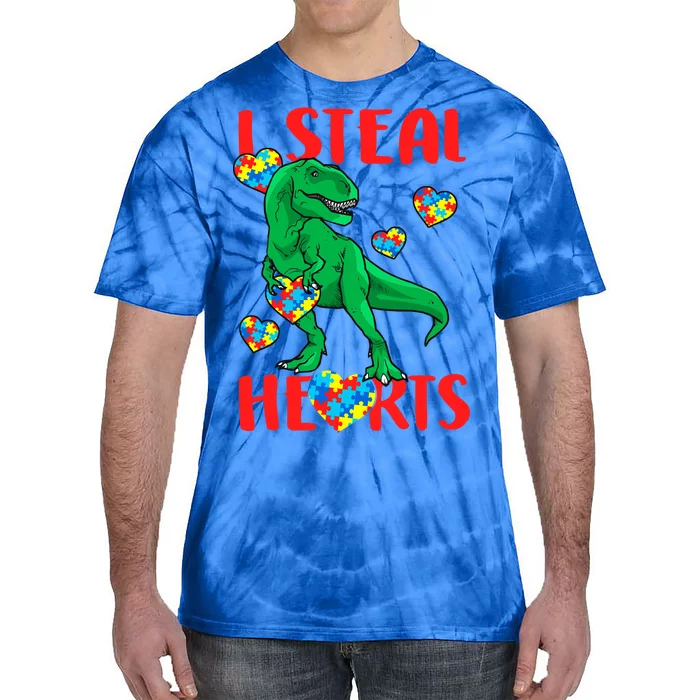 I Steal Hearts Autism Awareness Dinosaur Tie-Dye T-Shirt