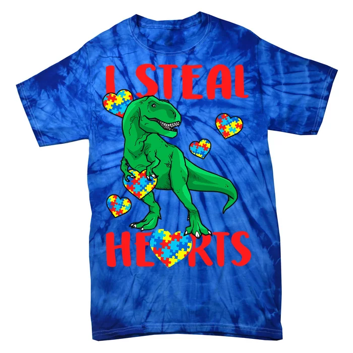 I Steal Hearts Autism Awareness Dinosaur Tie-Dye T-Shirt