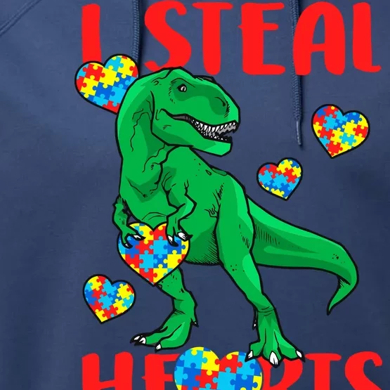 I Steal Hearts Autism Awareness Dinosaur Performance Fleece Hoodie