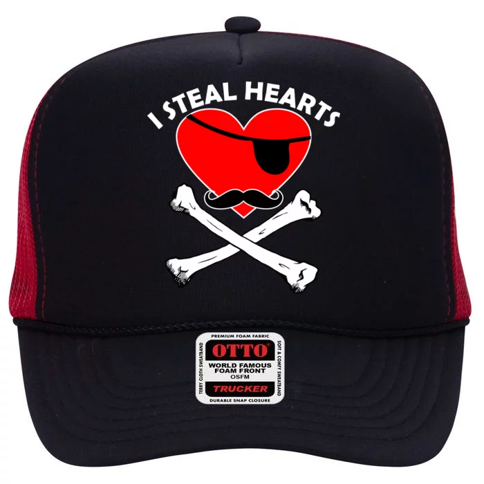 I Steal Hearts Pirate Crossbones Mustache Valentine's Day Design High Crown Mesh Trucker Hat