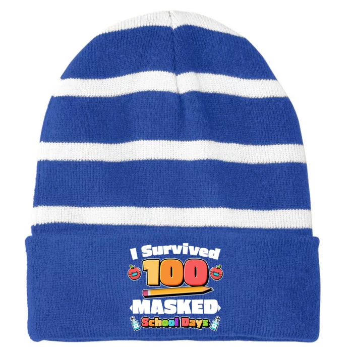 I Survived 100 Masked School Days Pandemic Learning Striped Beanie with Solid Band