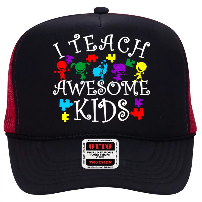 I Teach Awesome Kids Autism Awareness Teacher High Crown Mesh Trucker Hat