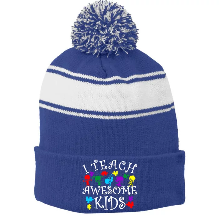 I Teach Awesome Kids Autism Awareness Teacher Stripe Pom Pom Beanie