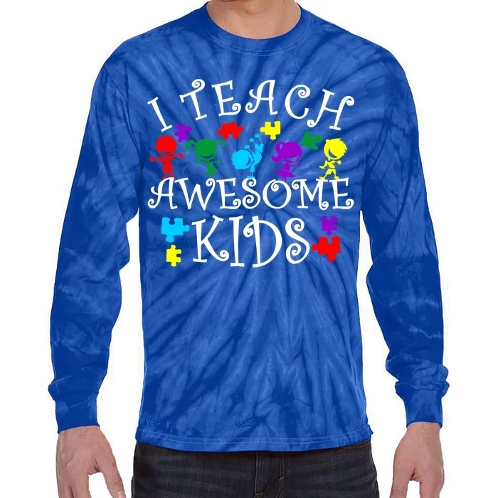 I Teach Awesome Kids Autism Awareness Teacher Tie-Dye Long Sleeve Shirt