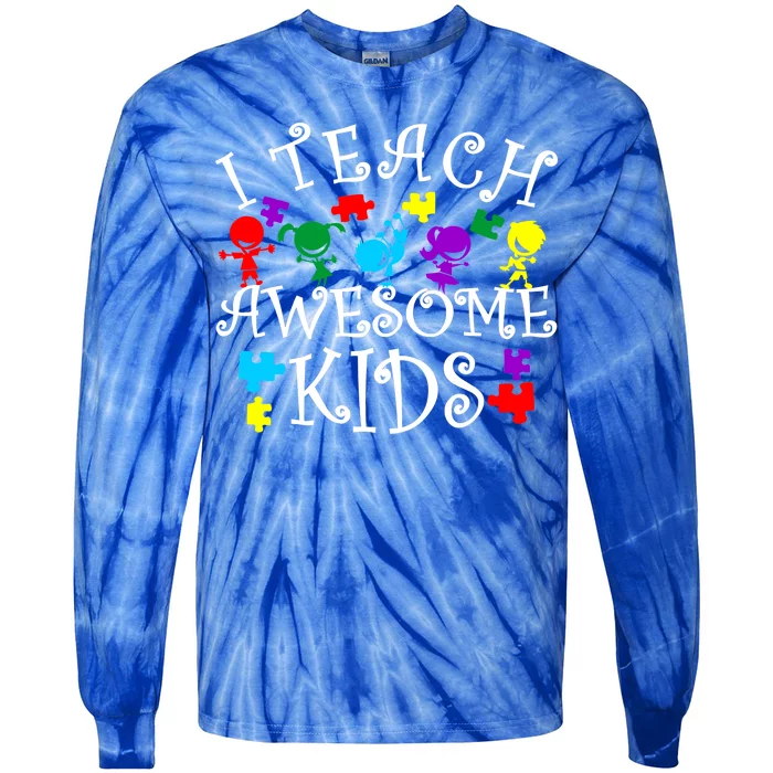 I Teach Awesome Kids Autism Awareness Teacher Tie-Dye Long Sleeve Shirt