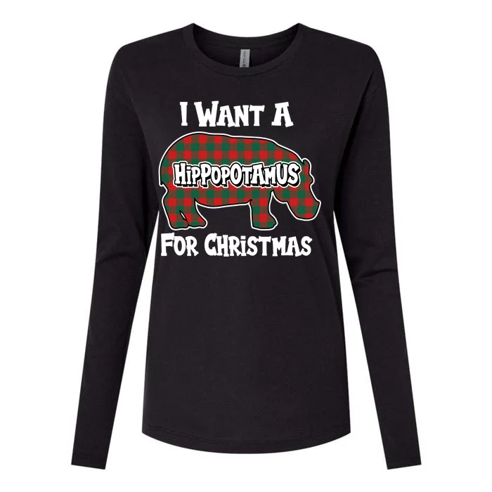 I Want A Hippopotamus For Christmas Buffalo Plaid Hippo Womens Cotton Relaxed Long Sleeve T-Shirt