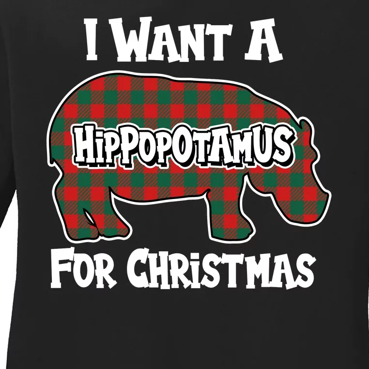 I Want A Hippopotamus For Christmas Buffalo Plaid Hippo Ladies Long Sleeve Shirt