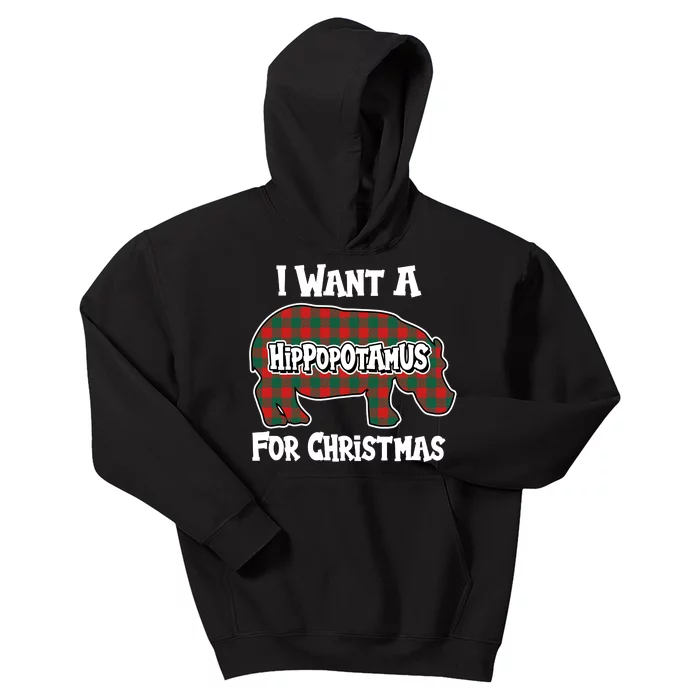 I Want A Hippopotamus For Christmas Buffalo Plaid Hippo Kids Hoodie