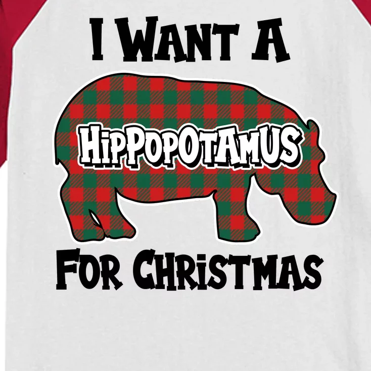 I Want A Hippopotamus For Christmas Buffalo Plaid Hippo Kids Colorblock Raglan Jersey