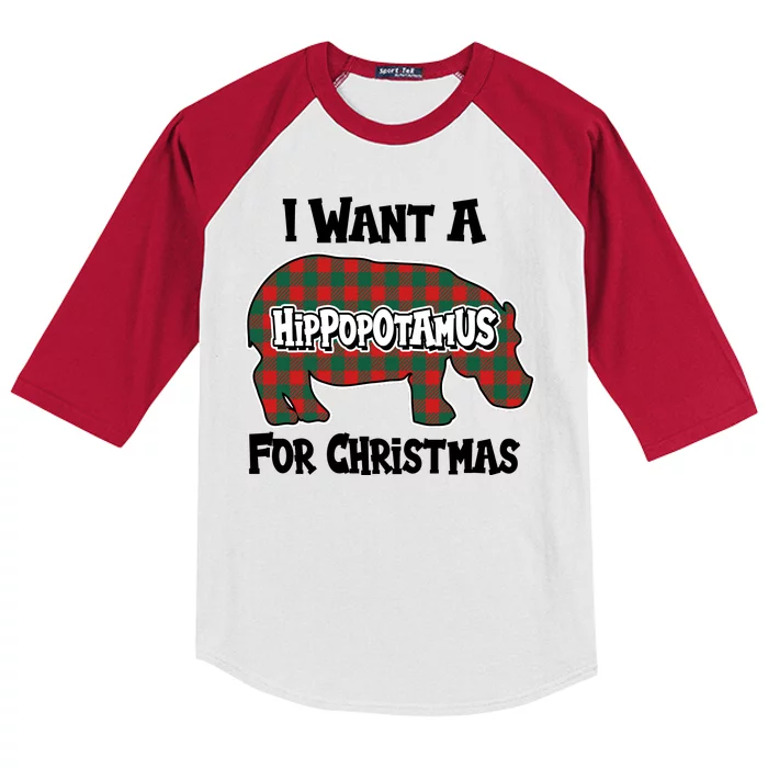 I Want A Hippopotamus For Christmas Buffalo Plaid Hippo Kids Colorblock Raglan Jersey