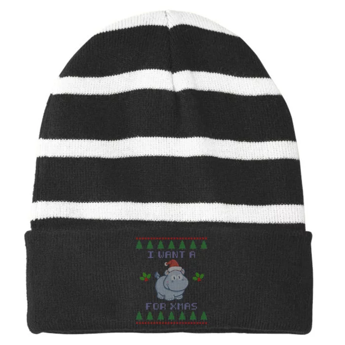 I Want A Hippopotamus For Christmas Ugly Striped Beanie with Solid Band