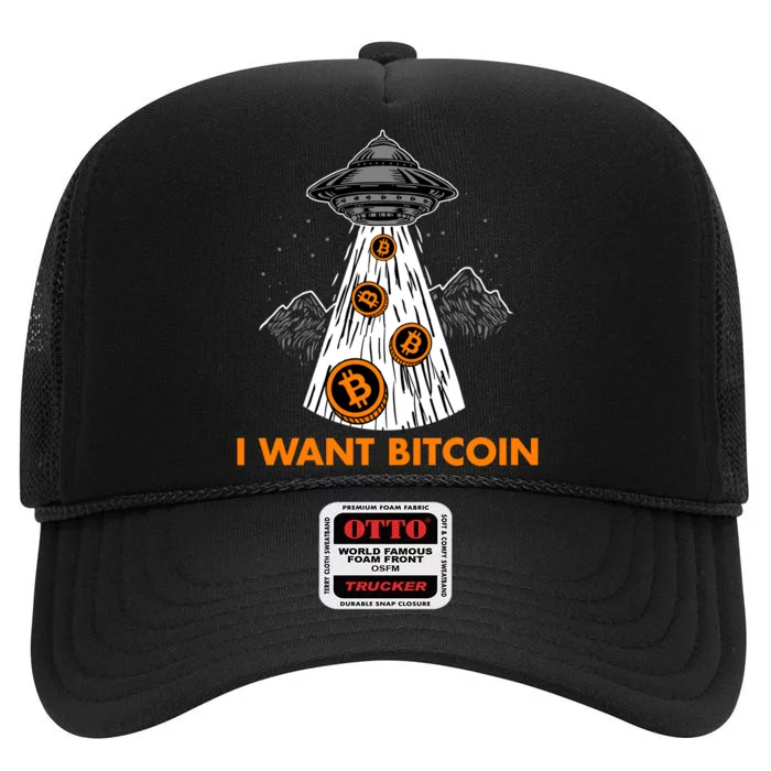 I Want Bitcoin BTC Crypto Currency UFO High Crown Mesh Trucker Hat