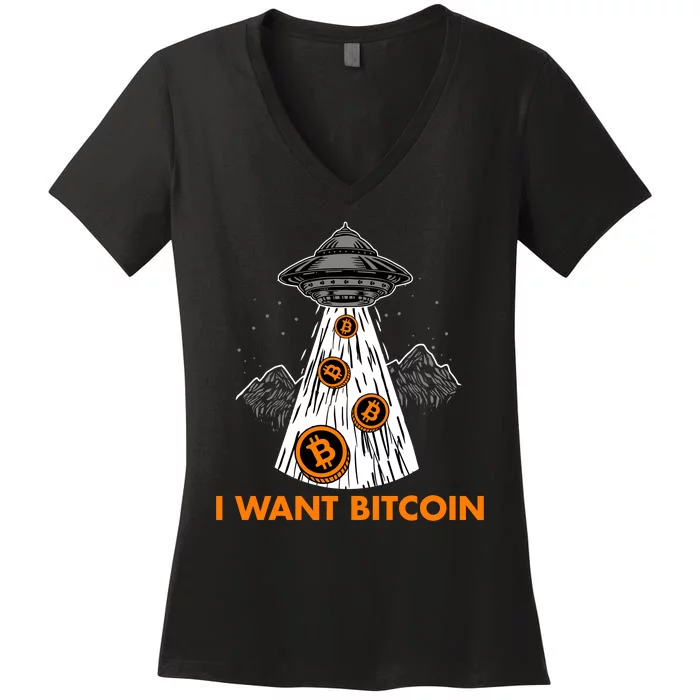 I Want Bitcoin BTC Crypto Currency UFO Women's V-Neck T-Shirt