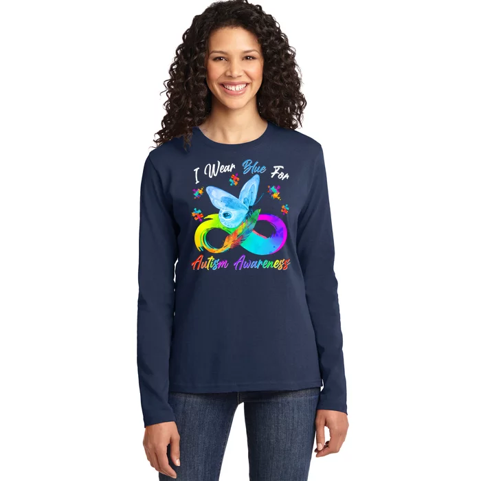 I Wear Blue For Autism Awareness Butterfly Infinity Rainbow Ladies Long Sleeve Shirt