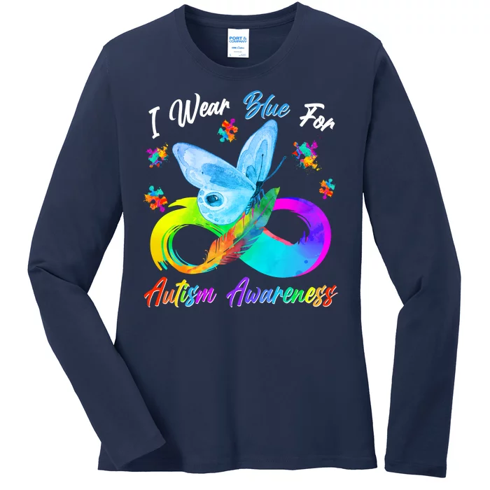 I Wear Blue For Autism Awareness Butterfly Infinity Rainbow Ladies Long Sleeve Shirt