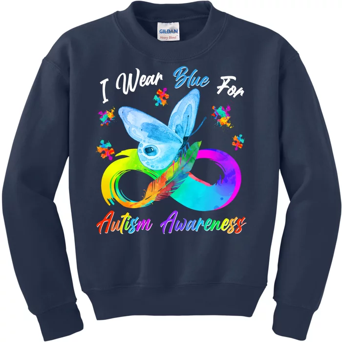 I Wear Blue For Autism Awareness Butterfly Infinity Rainbow Kids Sweatshirt