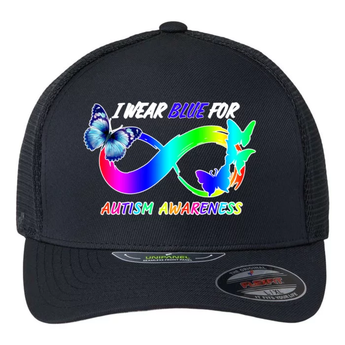 I Wear Blue For Autism Awareness Butterfly Ribbon Flexfit Unipanel Trucker Cap