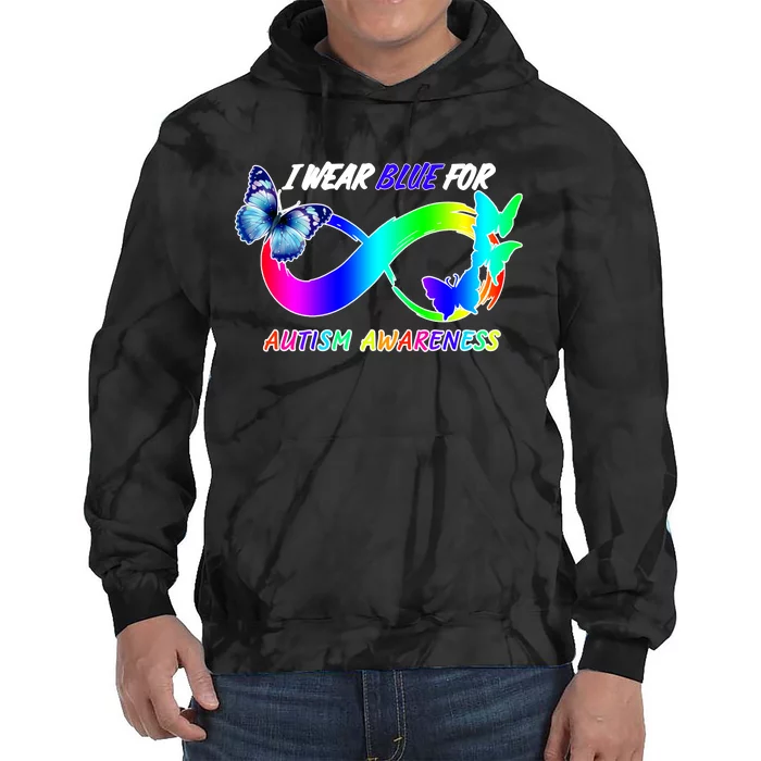 I Wear Blue For Autism Awareness Butterfly Ribbon Tie Dye Hoodie