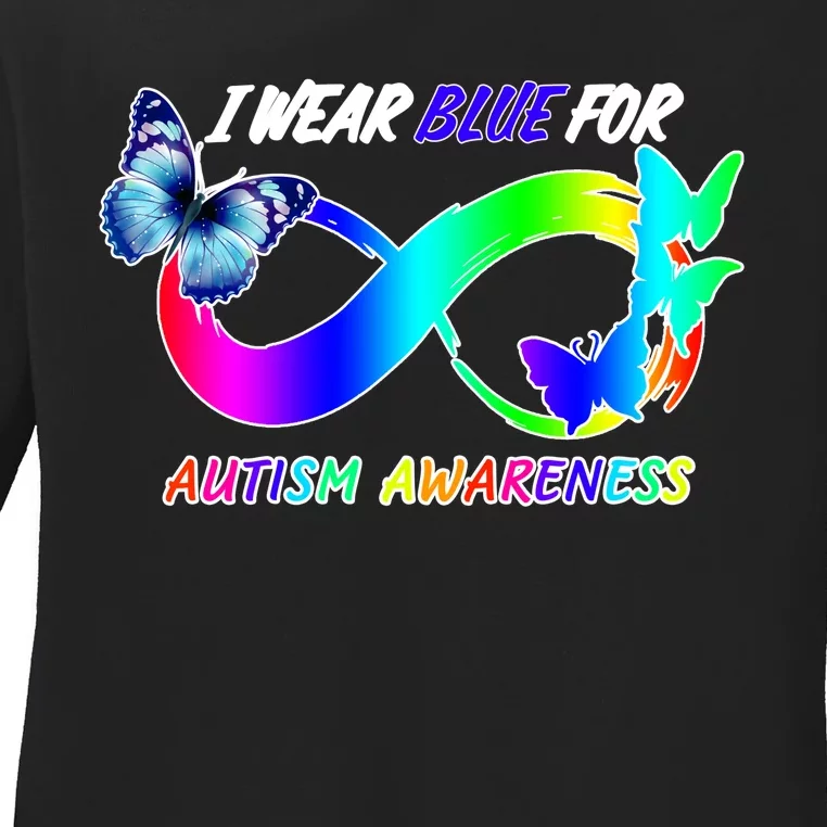 I Wear Blue For Autism Awareness Butterfly Ribbon Ladies Long Sleeve Shirt