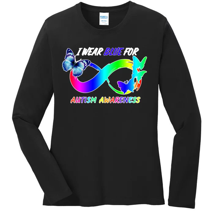 I Wear Blue For Autism Awareness Butterfly Ribbon Ladies Long Sleeve Shirt