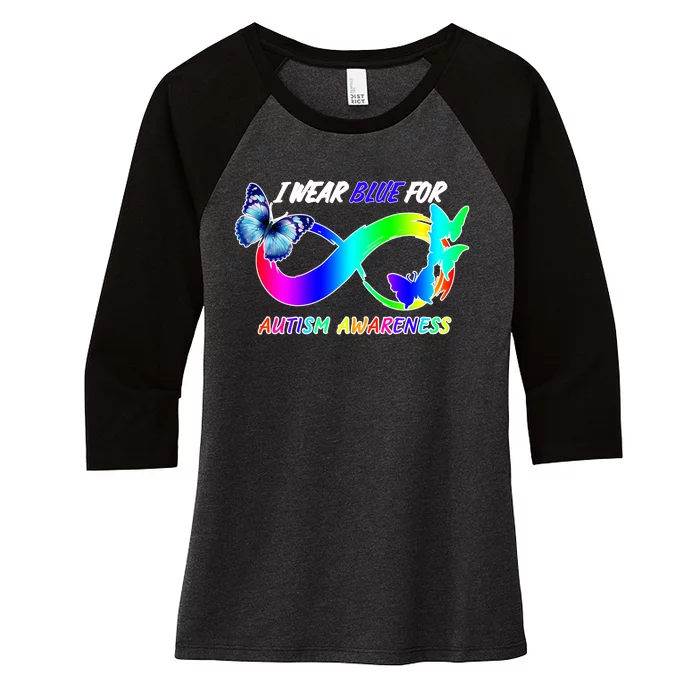 I Wear Blue For Autism Awareness Butterfly Ribbon Women's Tri-Blend 3/4-Sleeve Raglan Shirt