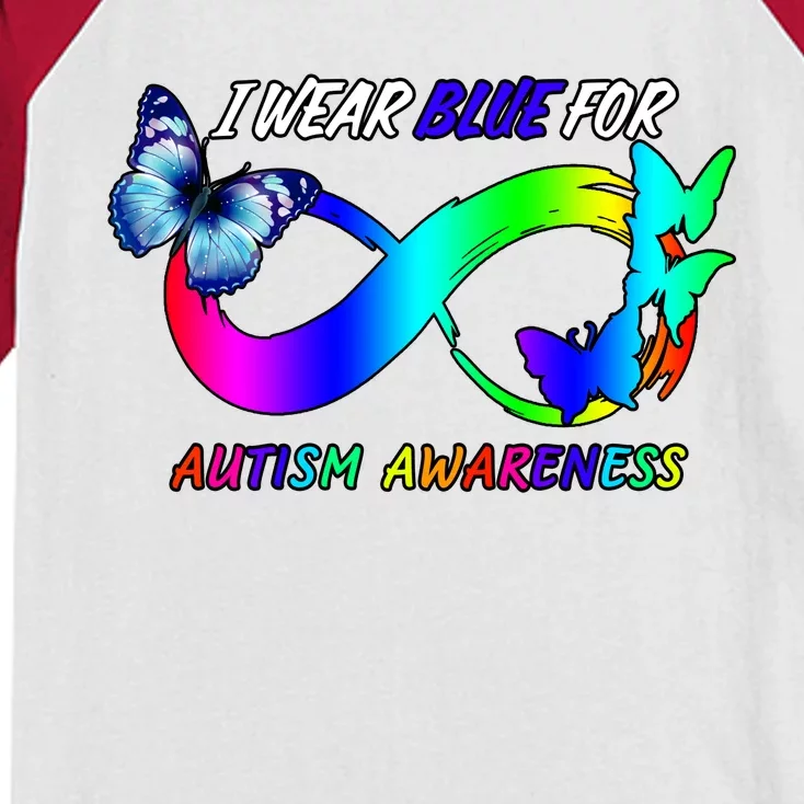 I Wear Blue For Autism Awareness Butterfly Ribbon Kids Colorblock Raglan Jersey