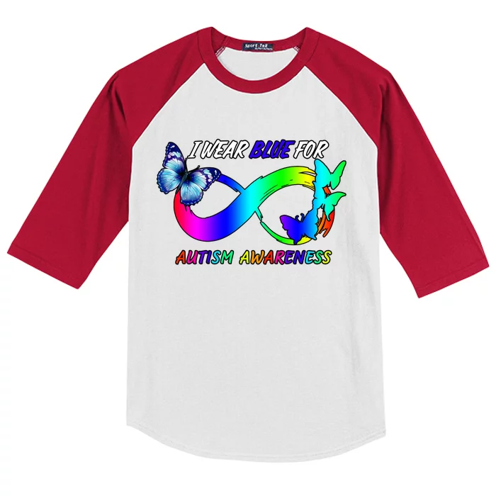 I Wear Blue For Autism Awareness Butterfly Ribbon Kids Colorblock Raglan Jersey